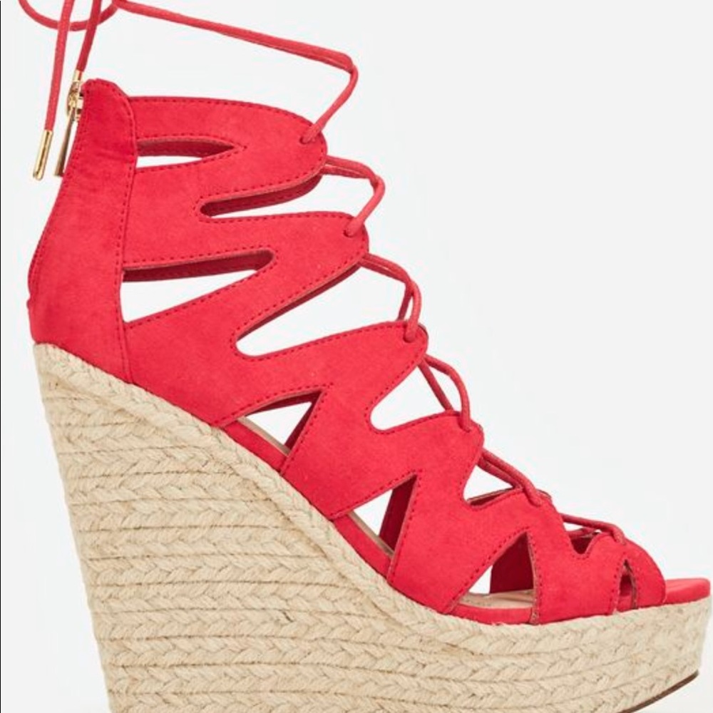 Emilia Red Lace-Up Wedges JUSTFAB